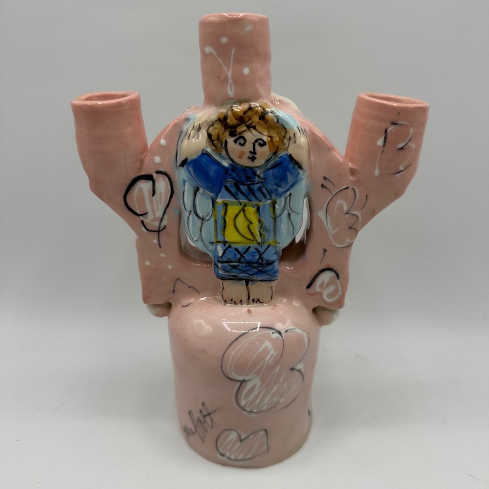 Sue Bolt Pottery Signed Candelabra Whimsical Hand Painted Pink Candle Holder